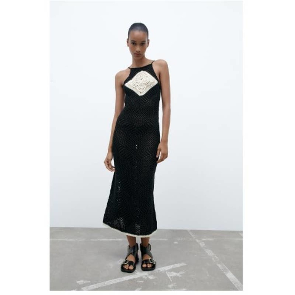 Zara Black Openwork Pointelle Knit Maxi Dress Size Medium